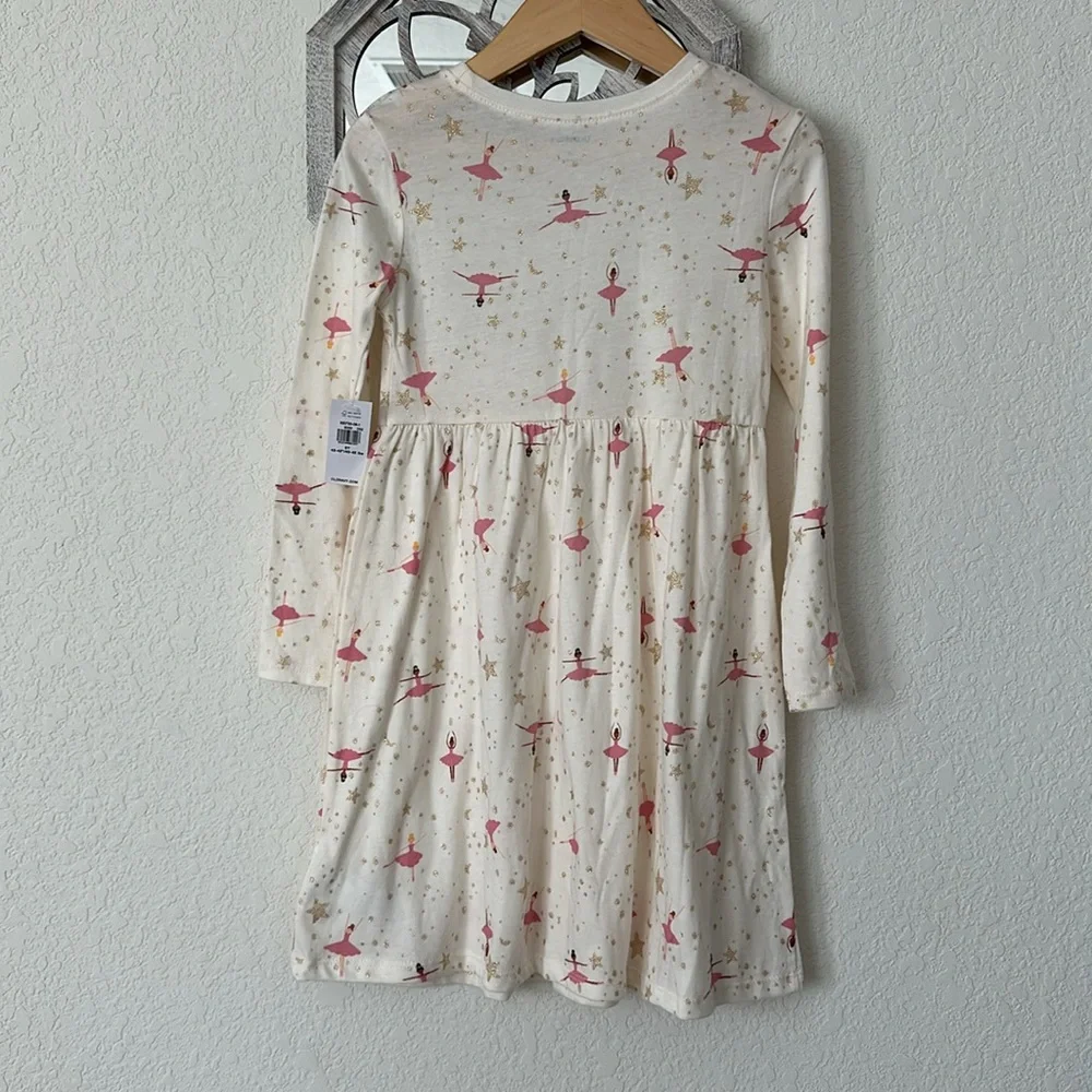 Old Navy • Girls NWT Cream Pink Ballerina Gold Star Long Sleeve Dress